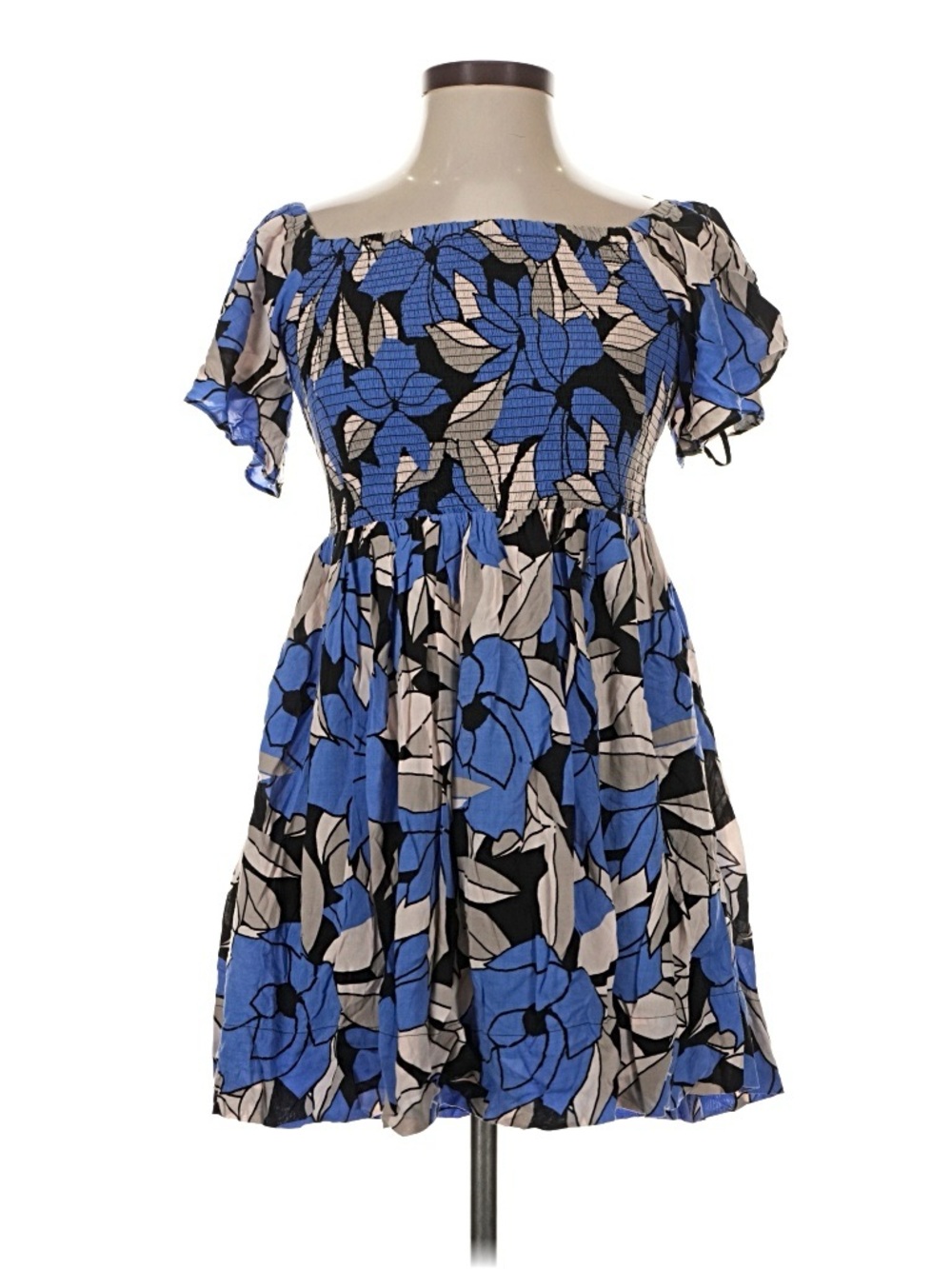 Free People Smocked Square Neckline Floral Off-Shoulder Mini Dress